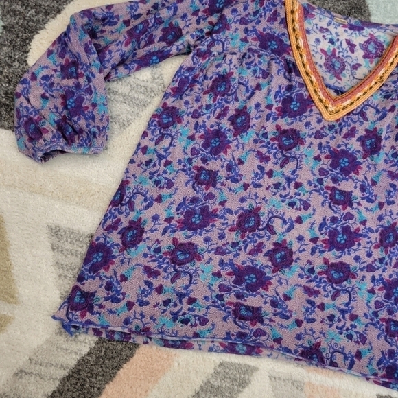 Free People Peasant Top Purple Floral Print Embroidered Neckline Knit - Picture 2 of 6